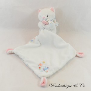 Cat handkerchief cuddly toy POMMETTE White embroidery flowers and butterflies 39 cm