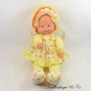 Rag doll with braids silicone head blue eyes vintage yellow floral dress 38 cm