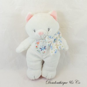 Cat plush POMMETTE Blanc embroidery flowers and butterflies 25 cm