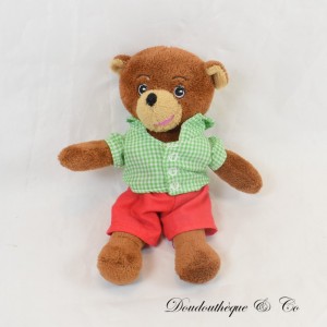 Little brown bear plush POMME D'API BAYARD JEUNESSE plaid shirt 19 cm