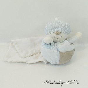 BERLINGOT Doll Handkerchief Blanket Ball Blue and Taupe 16 cm